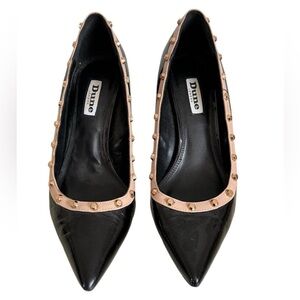 Dune London black patent leather beige trim gold tone studs pointed pumps heels
